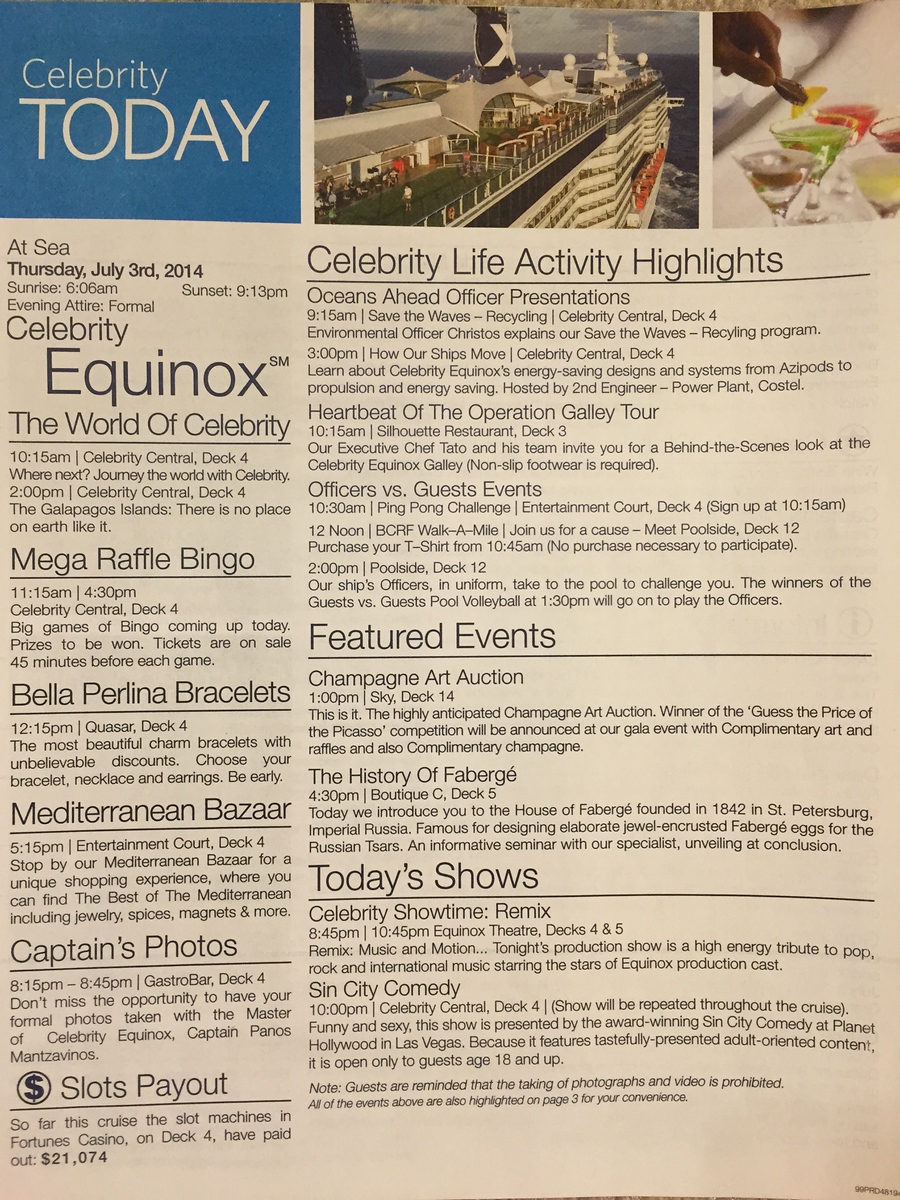 Day 6 and 7 of Celebrity Equinox Mediterranean cruise - Day at Sea and Palma de Mallorca - July 3-4, 2014