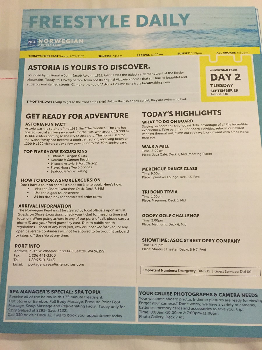 Day 2 on Norwegian Pearl repositioning cruise: Astoria, OR - September 29, 2015