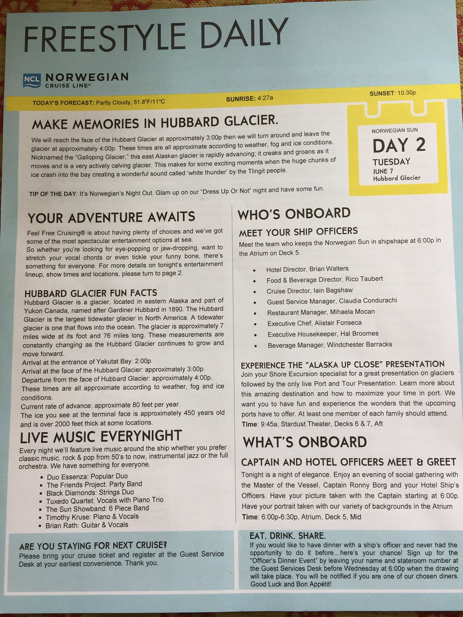 7-night Alaska southbound cruise on Norwegian Sun, Day 2: Morning at sea, Hubbard Glacier, La Cucina - June 7, 2016