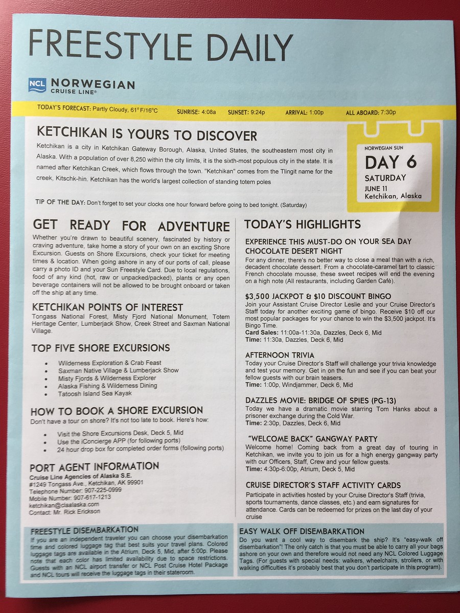 7-night Alaska southbound cruise on Norwegian Sun, Day 6 and 7: Ketchikan, day at sea, Moderno Churrascaria - June 11-12, 2016