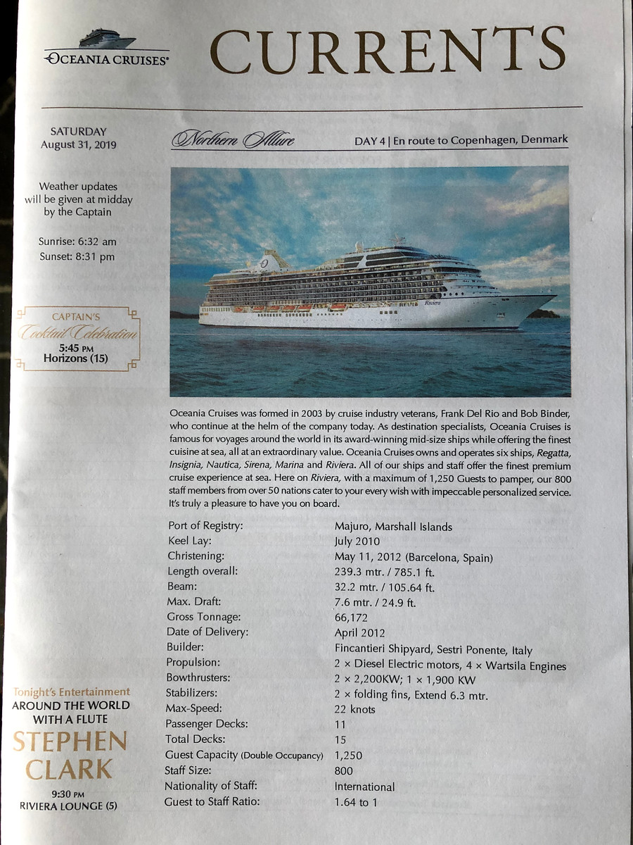 Featured image of post Days 4-5 of Northern Allure cruise on Oceania Riviera: at sea, Copenhagen - August 31-September 1, 2019