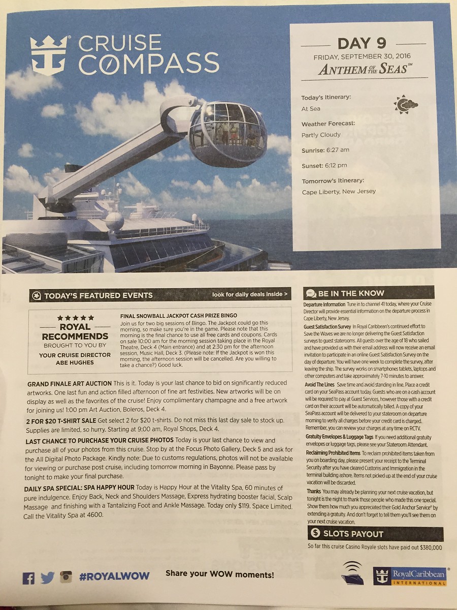 New England/Canada cruise on Anthem of the Seas, Day 9 and 10: Sea day, indoor skydiving, disembarkation - September 30 - October 1, 2016