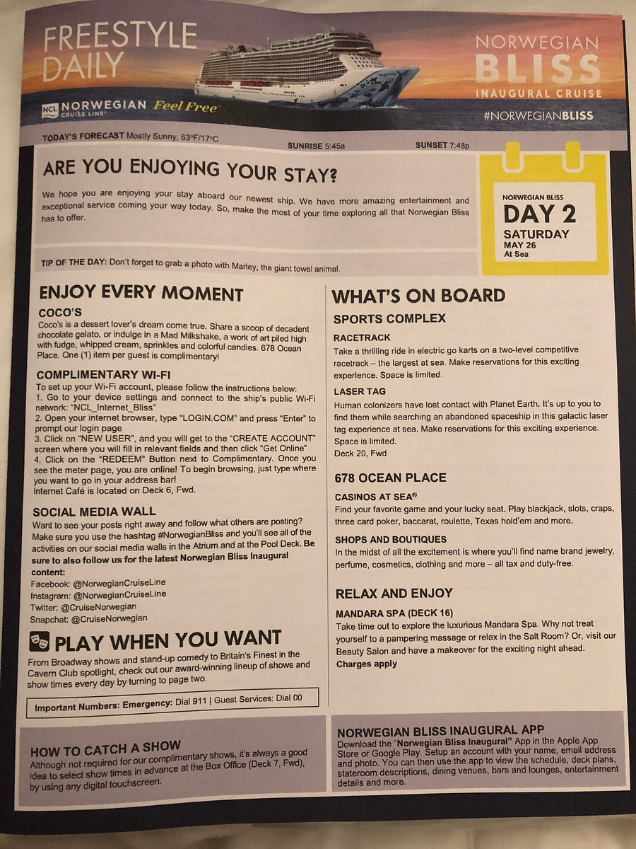 Day 2 of Norwegian Bliss inaugural cruise to nowhere - May 26, 2018